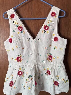 J. Crew White Linen Peplum Top with Pink & Yellow Floral Embroidery